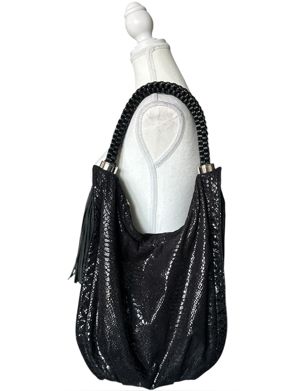 Y2K Grunge “Sasti” Black Shiny Faux Leather Trim Pleated Shoulder Hobo Bag